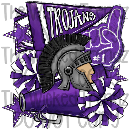 Trojans Purple Cheer Cheerleading Cheerleader Mascot Digital Design Spirit Shirt Design