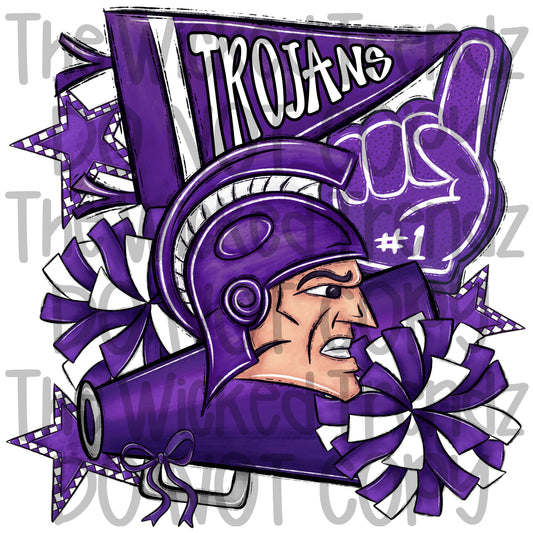 Trojans Purple Cheer Cheerleading Cheerleader Mascot Digital Design Spirit Shirt Design