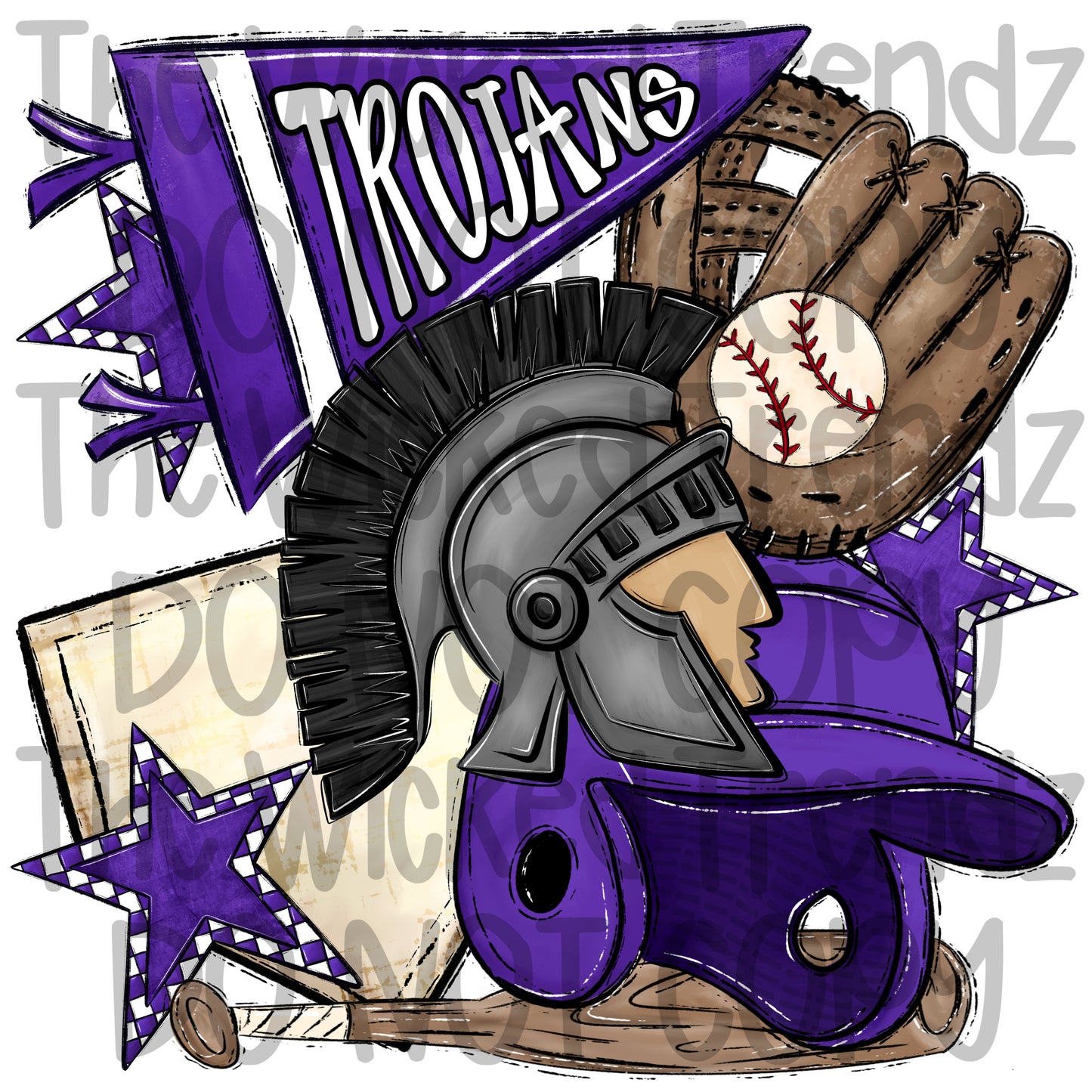 Trojans Purple Baseball Team Mascot Digital Design