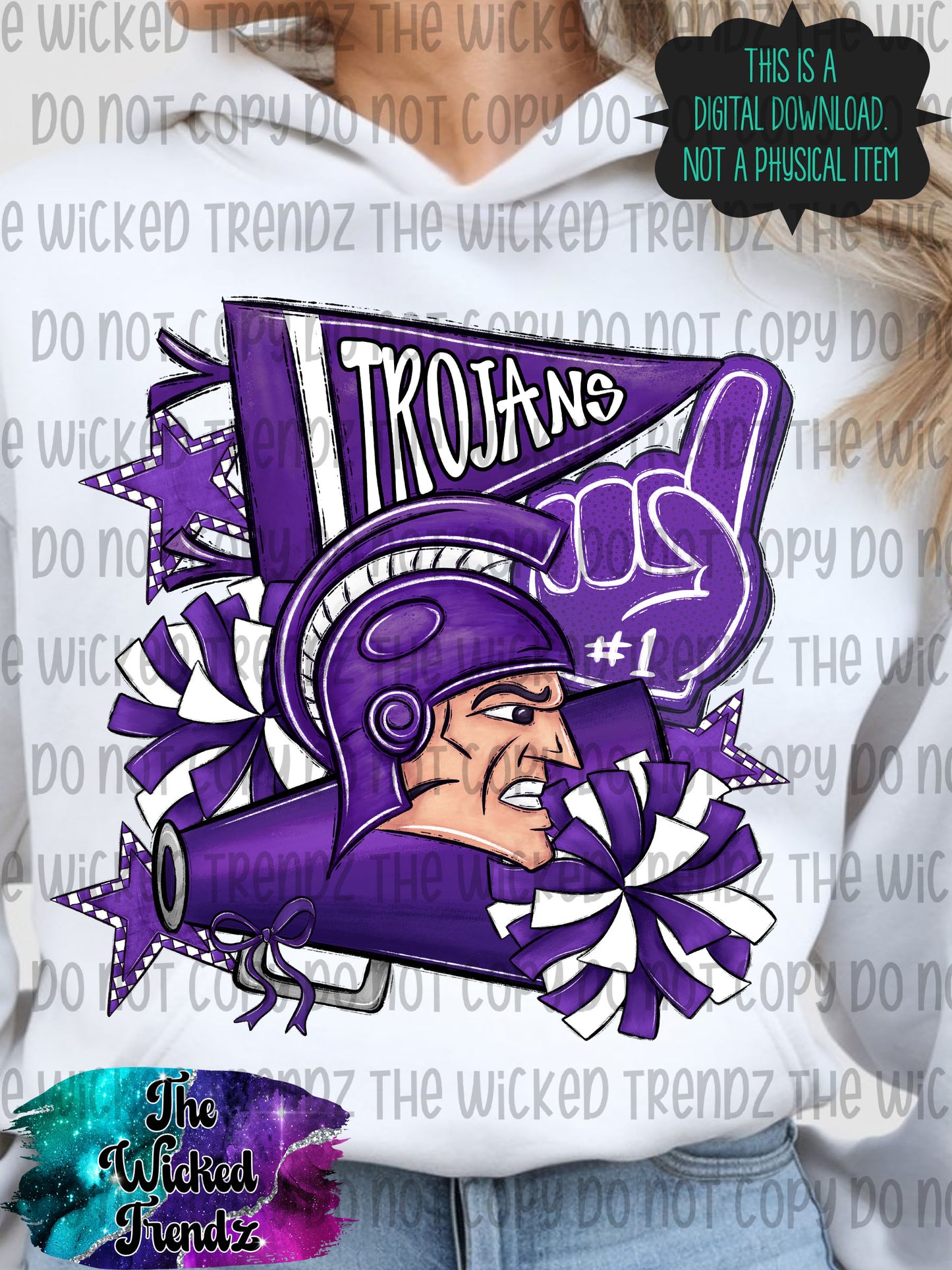 Trojans Purple Cheer Cheerleading Cheerleader Mascot Digital Design Spirit Shirt Design