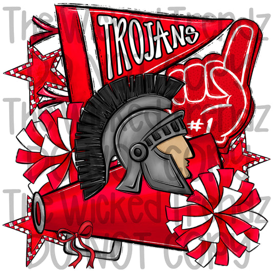 Trojans Red Cheer Cheerleading Cheerleader Mascot Digital Design Spirit Shirt Design