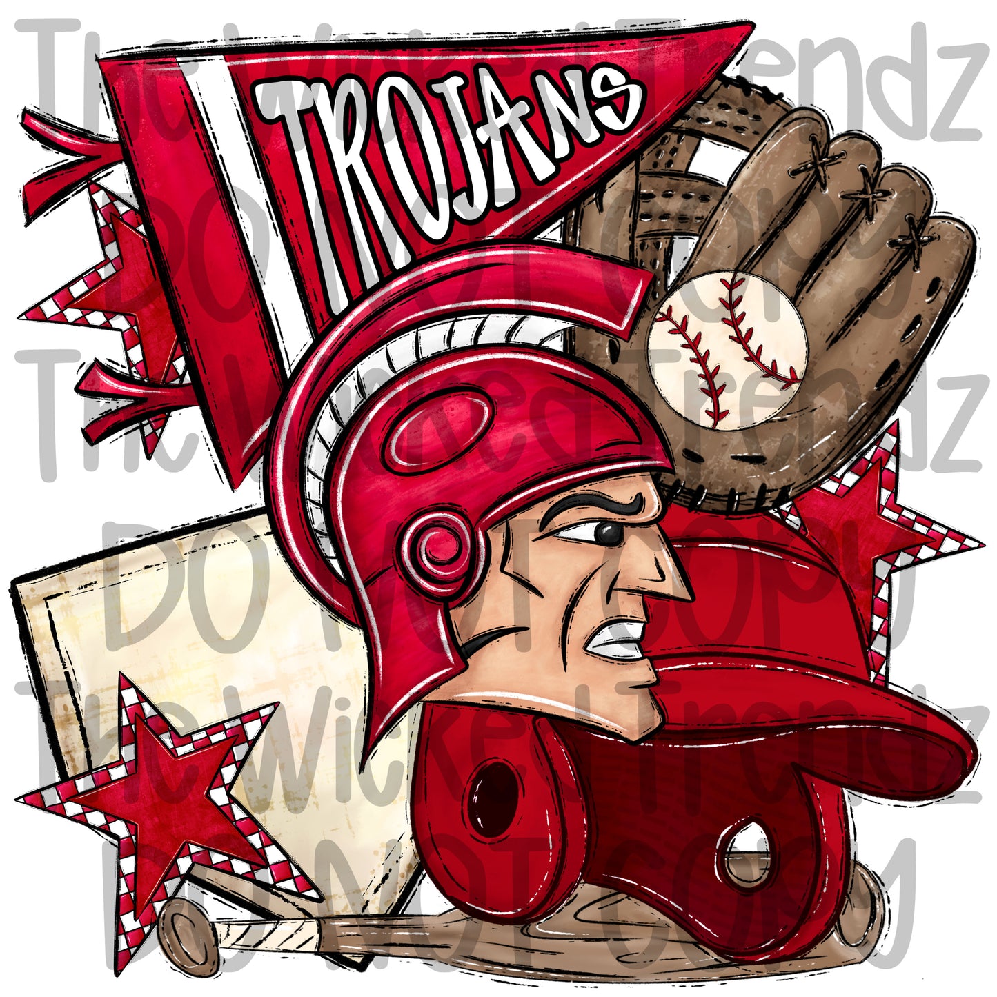 Trojans Red Baseball Team Mascot Digital Design
