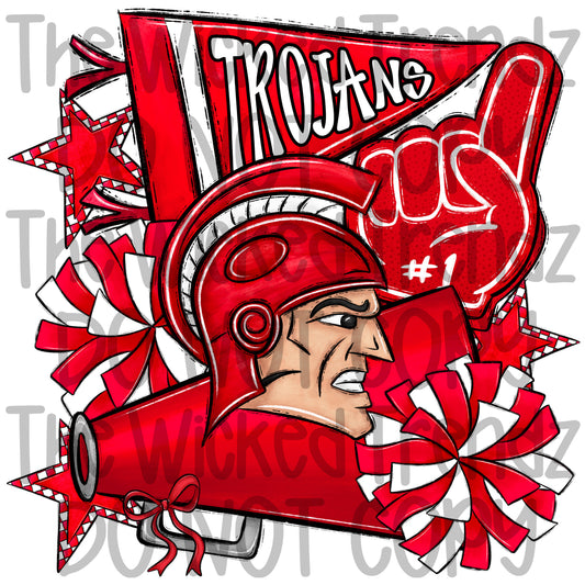 Trojans Red Cheer Cheerleading Cheerleader Mascot Digital Design Spirit Shirt Design