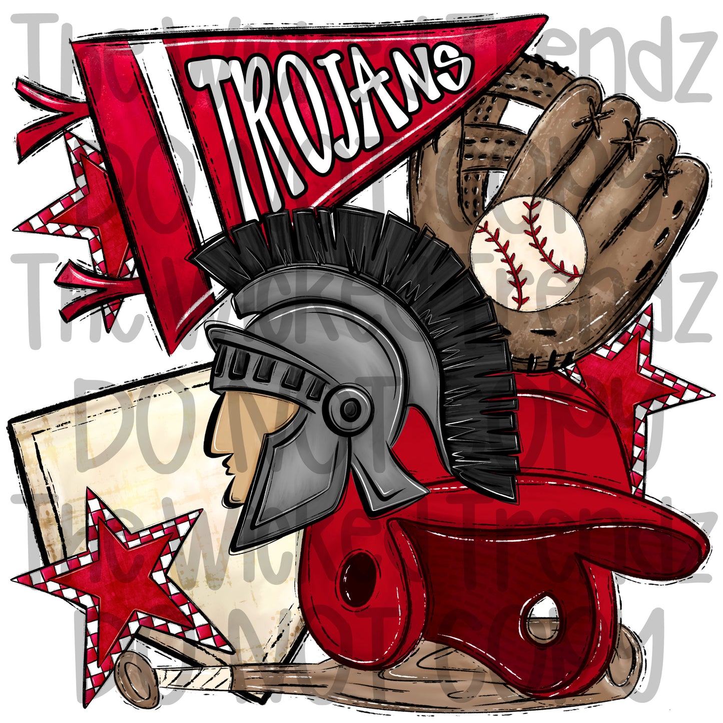 Trojans Red Baseball Team Mascot Digital Design