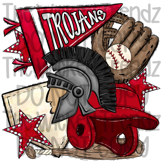 Trojans Red Baseball Team Mascot Digital Design