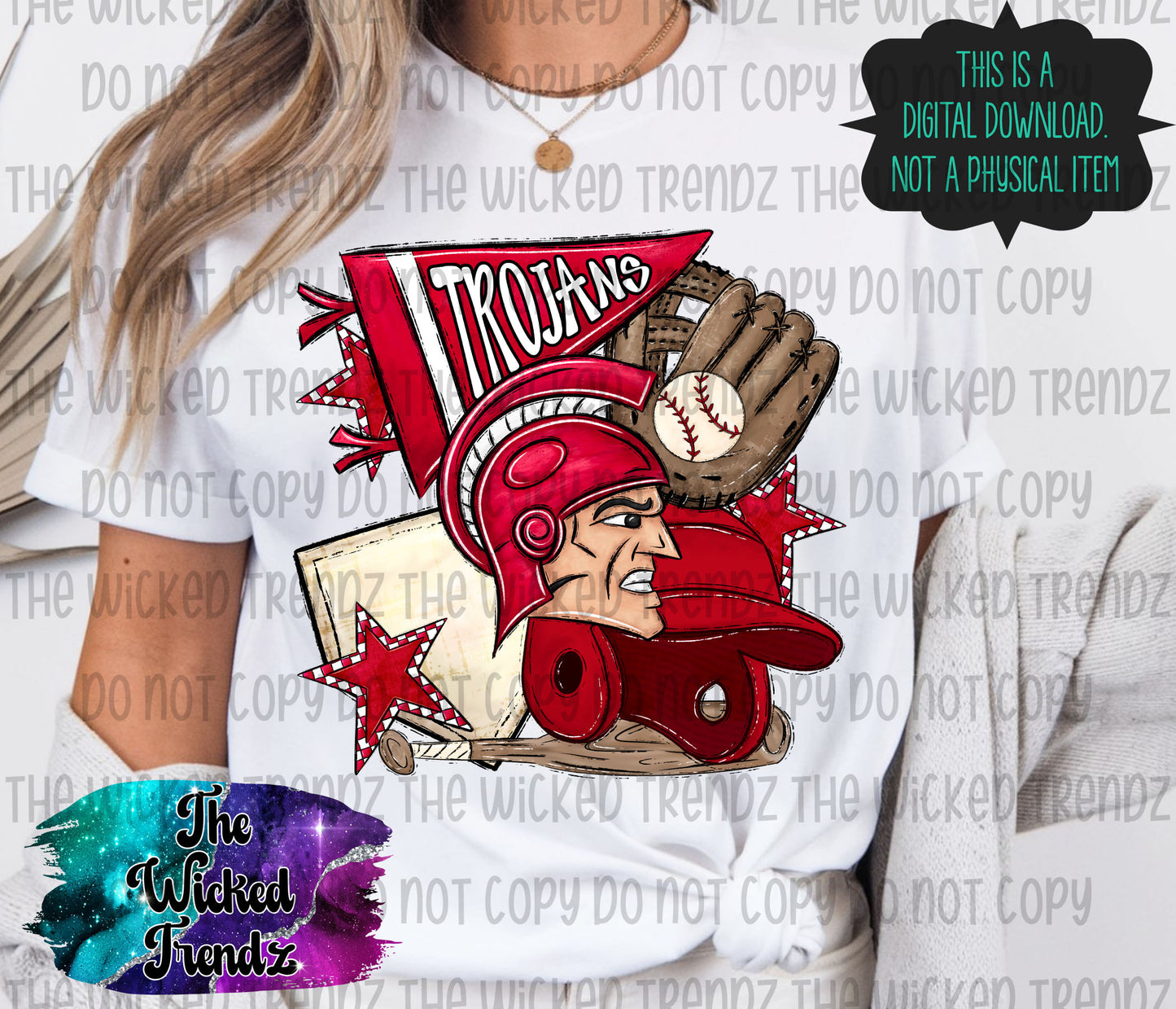 Trojans Red Baseball Team Mascot Digital Design