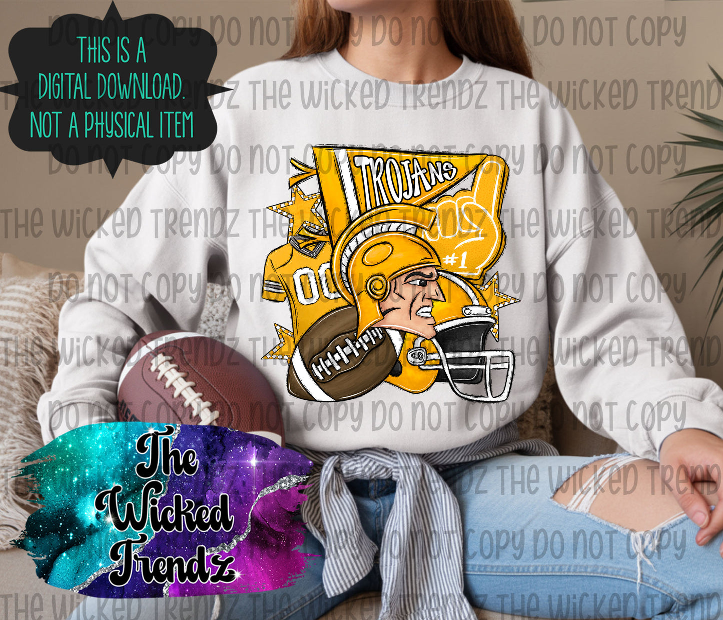 Trojans Yellow Football Mascot Digital Design