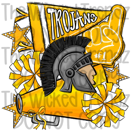 Trojans Yellow Cheer Cheerleading Cheerleader Mascot Digital Design Spirit Shirt Design