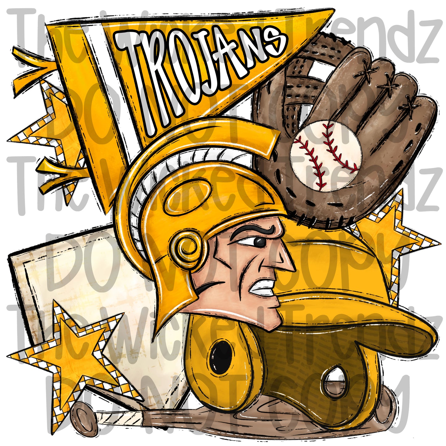 Trojans Yellow Baseball Team Mascot Digital Design