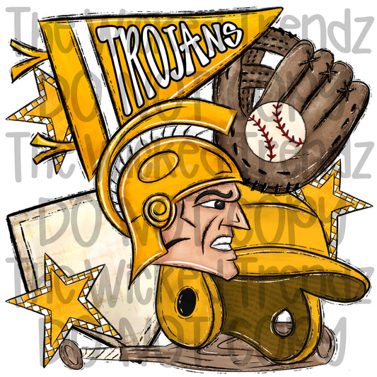 Trojans Yellow Baseball Team Mascot Digital Design