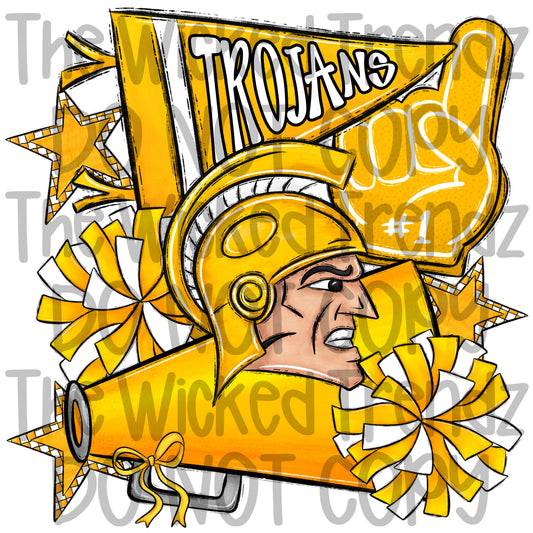 Trojans Yellow Cheer Cheerleading Cheerleader Mascot Digital Design Spirit Shirt Design