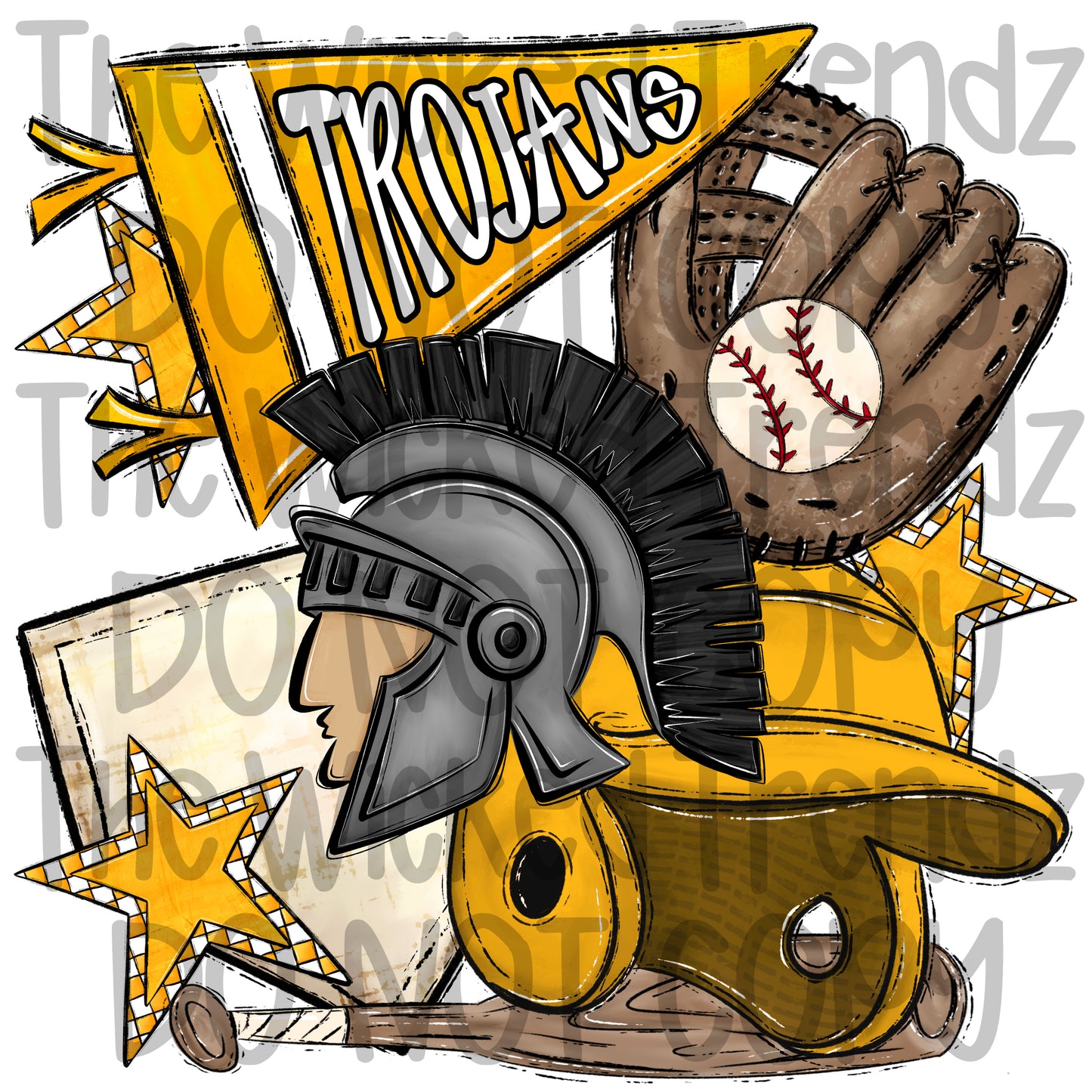 Trojans Yellow Baseball Team Mascot Digital Design