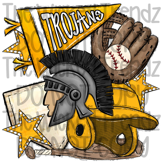 Trojans Yellow Baseball Team Mascot Digital Design