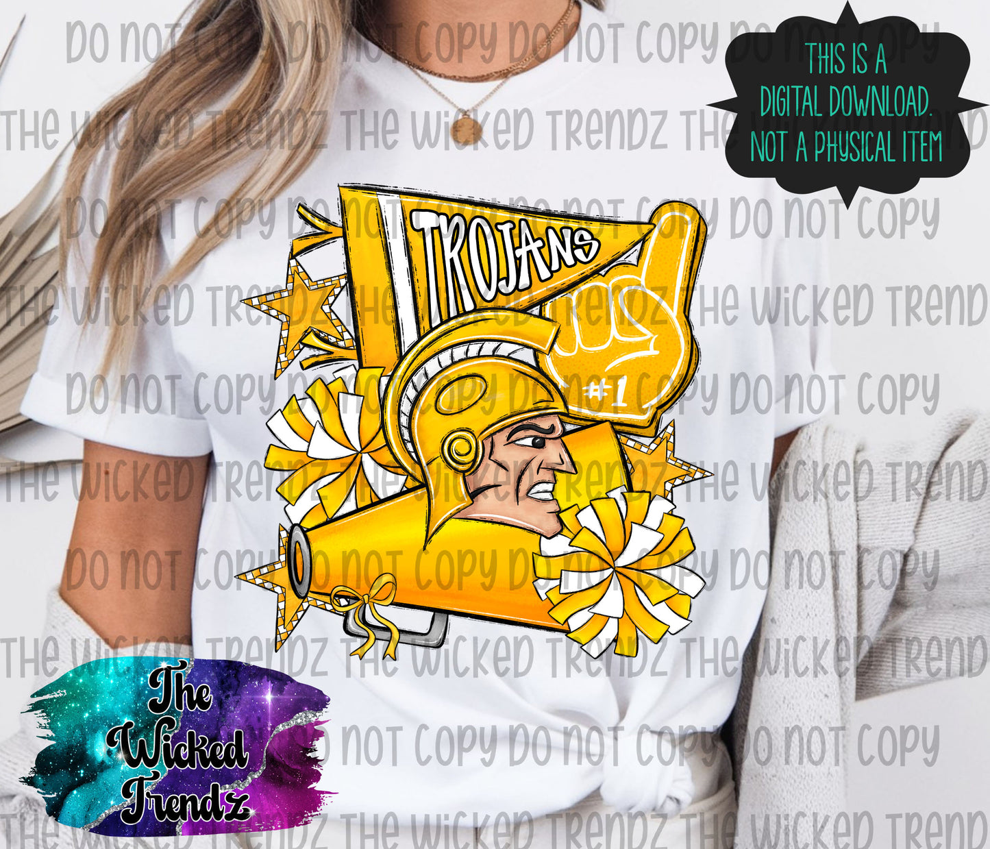 Trojans Yellow Cheer Cheerleading Cheerleader Mascot Digital Design Spirit Shirt Design