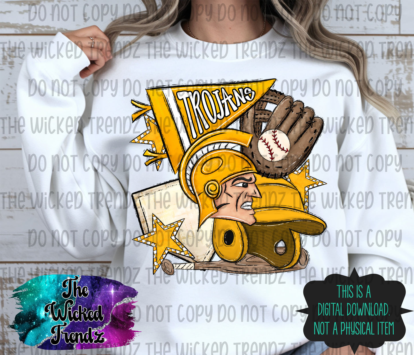 Trojans Yellow Baseball Team Mascot Digital Design