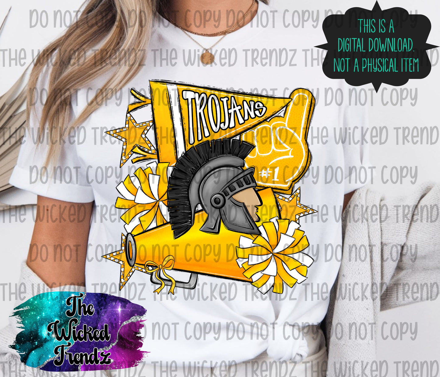 Trojans Yellow Cheer Cheerleading Cheerleader Mascot Digital Design Spirit Shirt Design