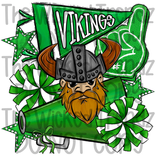 Vikings Green Cheer Cheerleading Cheerleader Mascot Digital Design Spirit Shirt Design