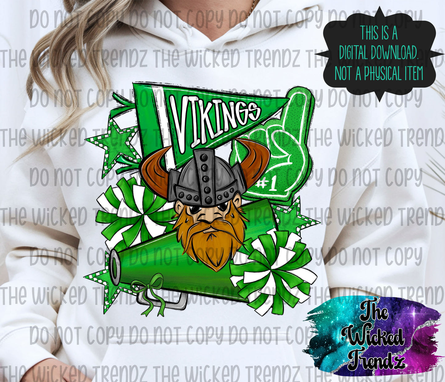Vikings Green Cheer Cheerleading Cheerleader Mascot Digital Design Spirit Shirt Design