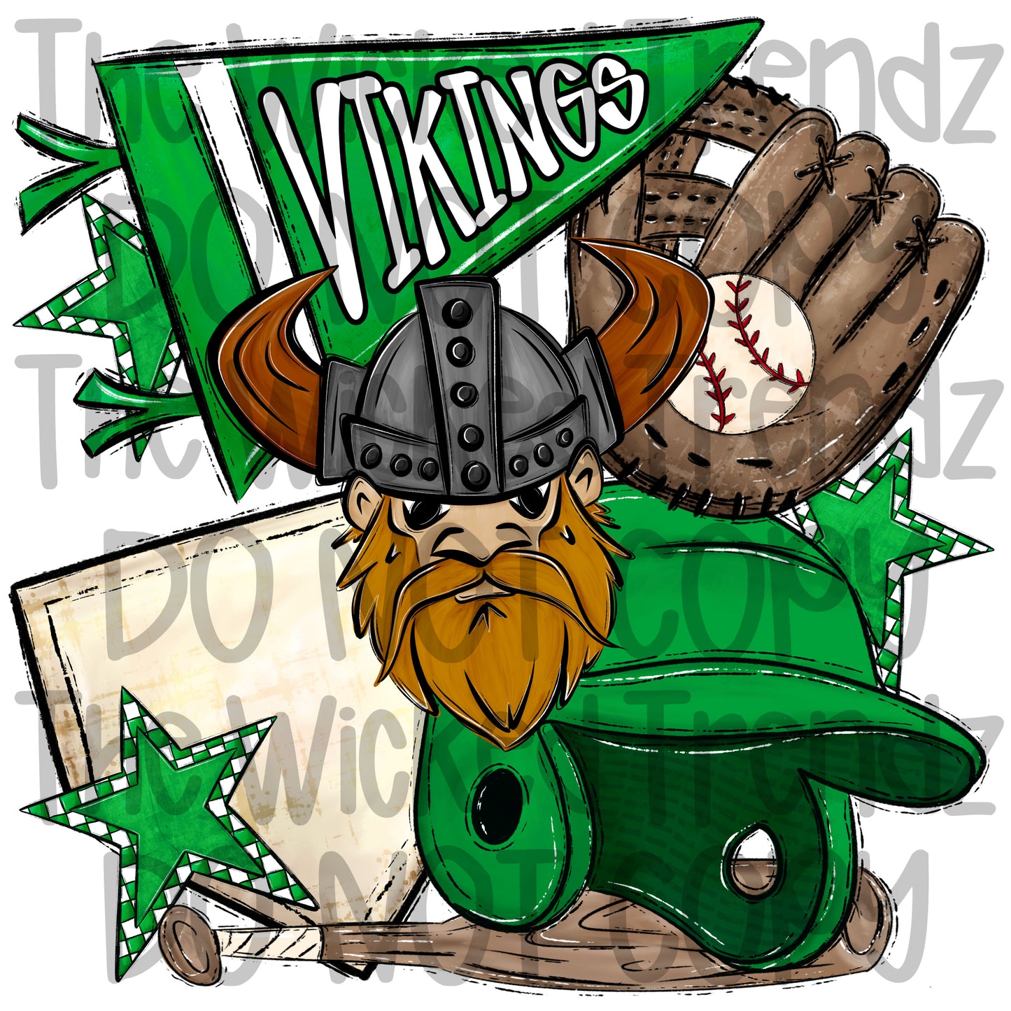 Vikings Green Baseball Team Mascot Digital Design