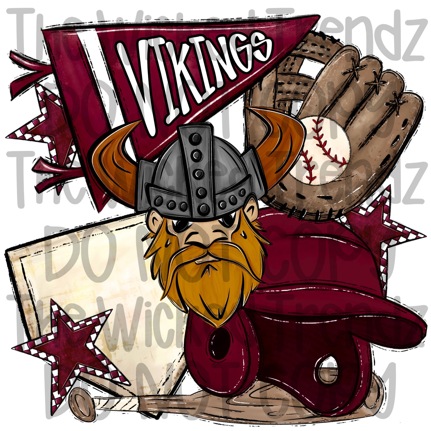Vikings Maroon Baseball Team Mascot Digital Design