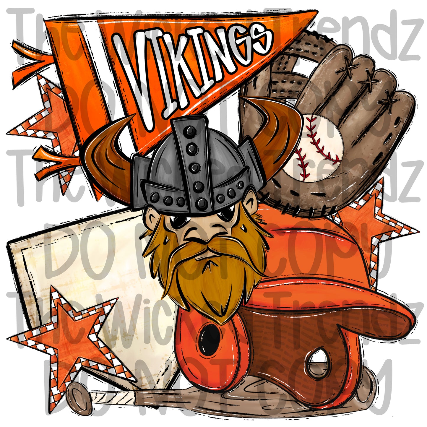 Vikings Orange Baseball Team Mascot Digital Design