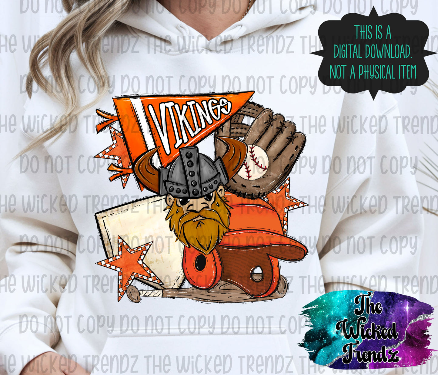 Vikings Orange Baseball Team Mascot Digital Design