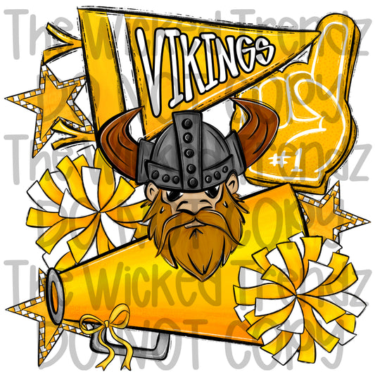 Vikings Yellow Cheer Cheerleading Cheerleader Mascot Digital Design Spirit Shirt Design