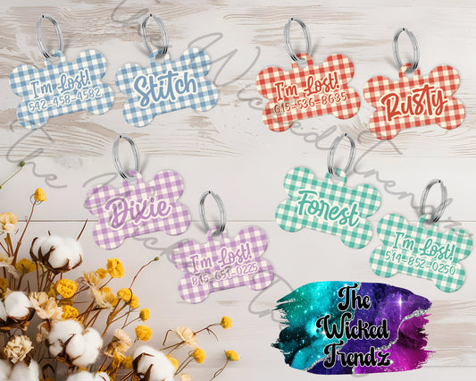 Gingham Vintage Pattern Plaid New Puppy Pet ID Dog Tag Personalized Custom Dog Name Phone Number