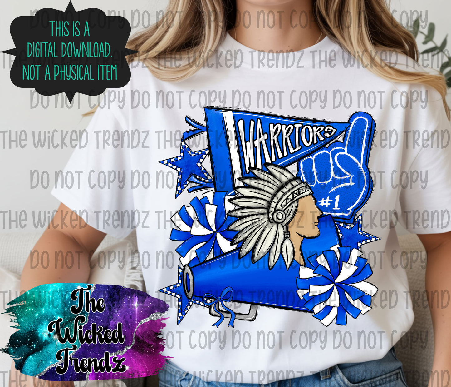 Warriors Blue Cheer Cheerleading Cheerleader Mascot Digital Design Spirit Shirt Design