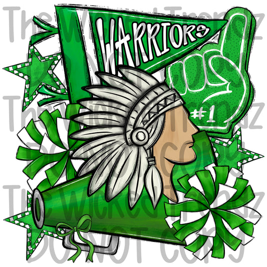 Warriors Green Cheer Cheerleading Cheerleader Mascot Digital Design Spirit Shirt Design