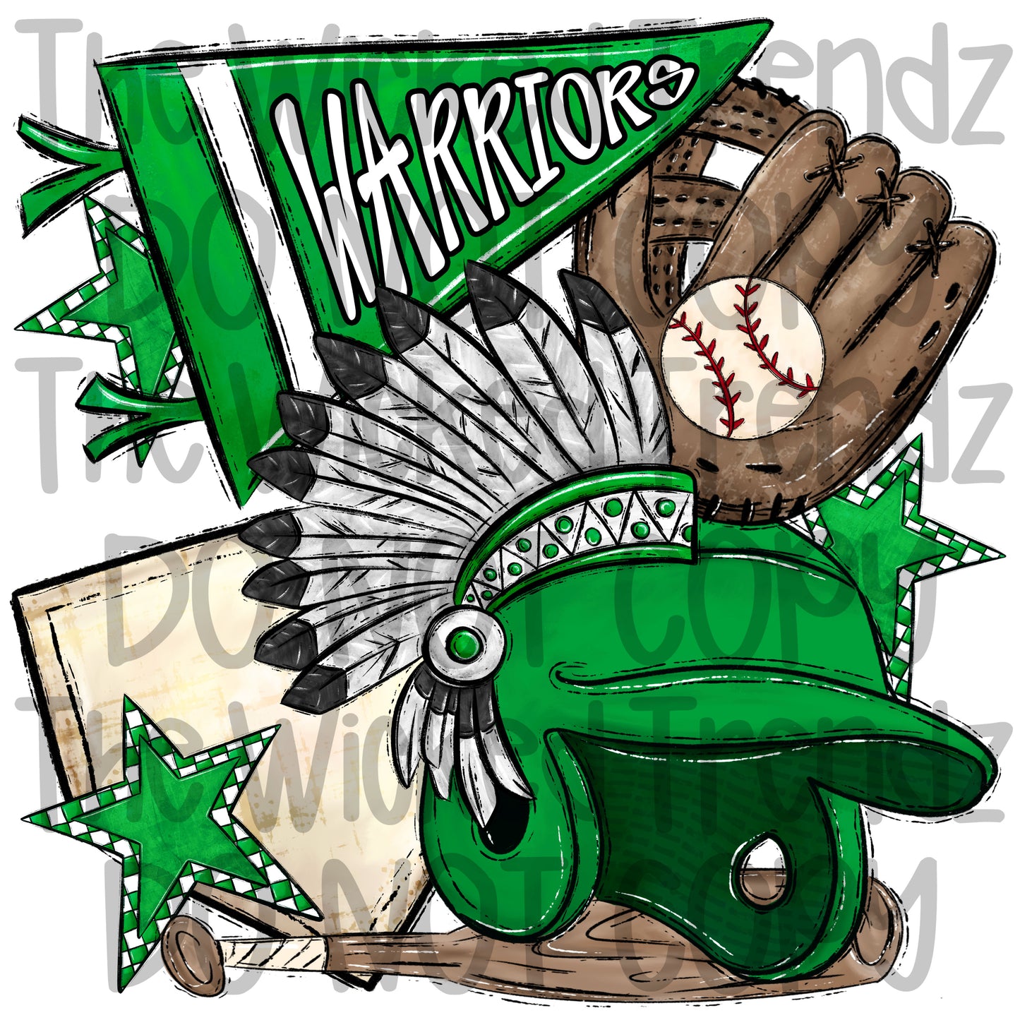 Warriors Green Baseball Team Mascot Digital Design