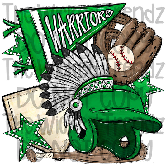 Warriors Green Baseball Team Mascot Digital Design