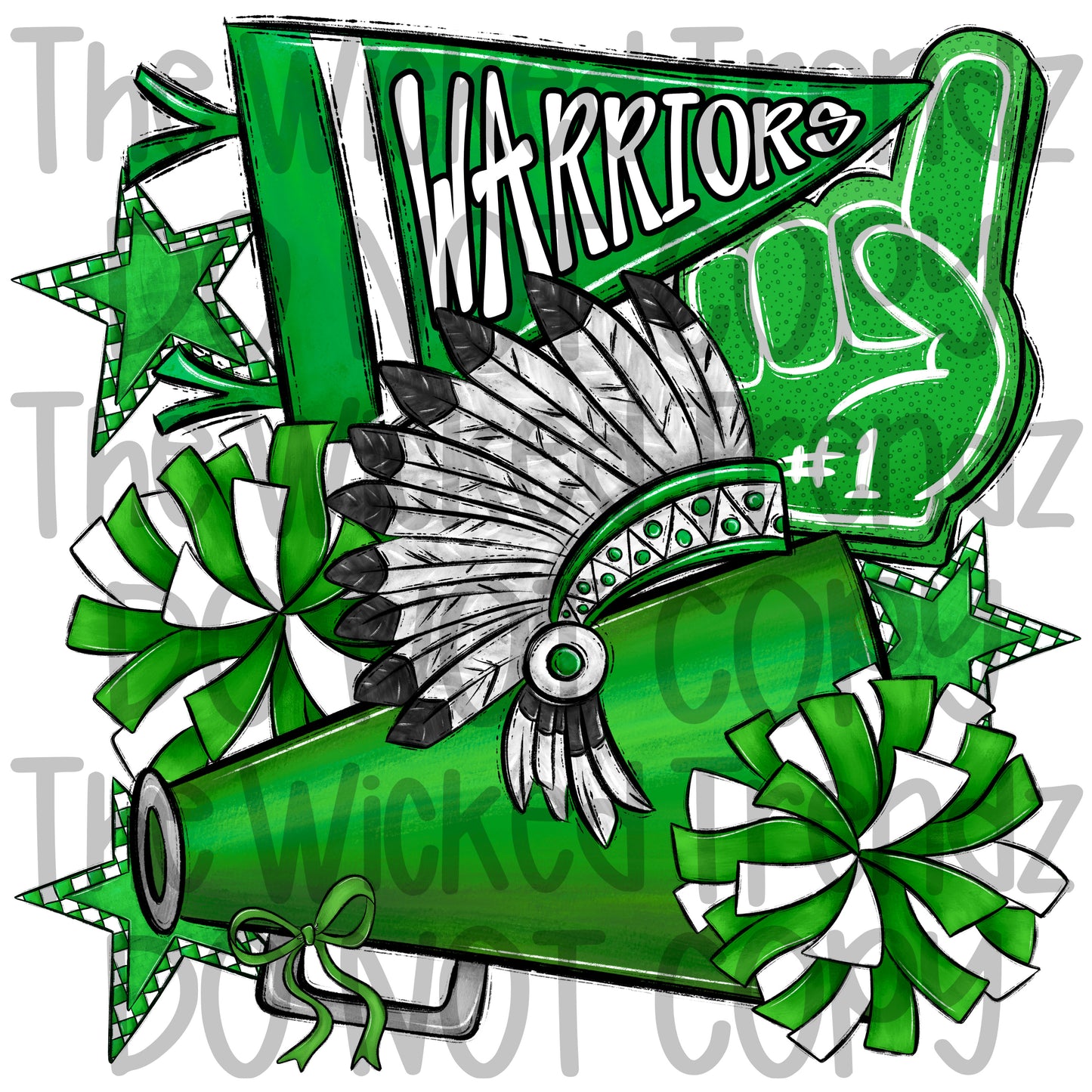 Warriors Green Cheer Cheerleading Cheerleader Mascot Digital Design Spirit Shirt Design