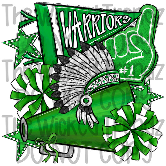Warriors Green Cheer Cheerleading Cheerleader Mascot Digital Design Spirit Shirt Design