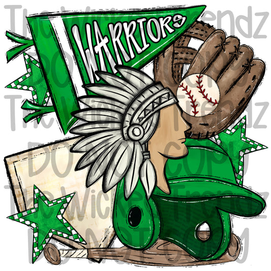 Warriors Green Baseball Team Mascot Digital Design
