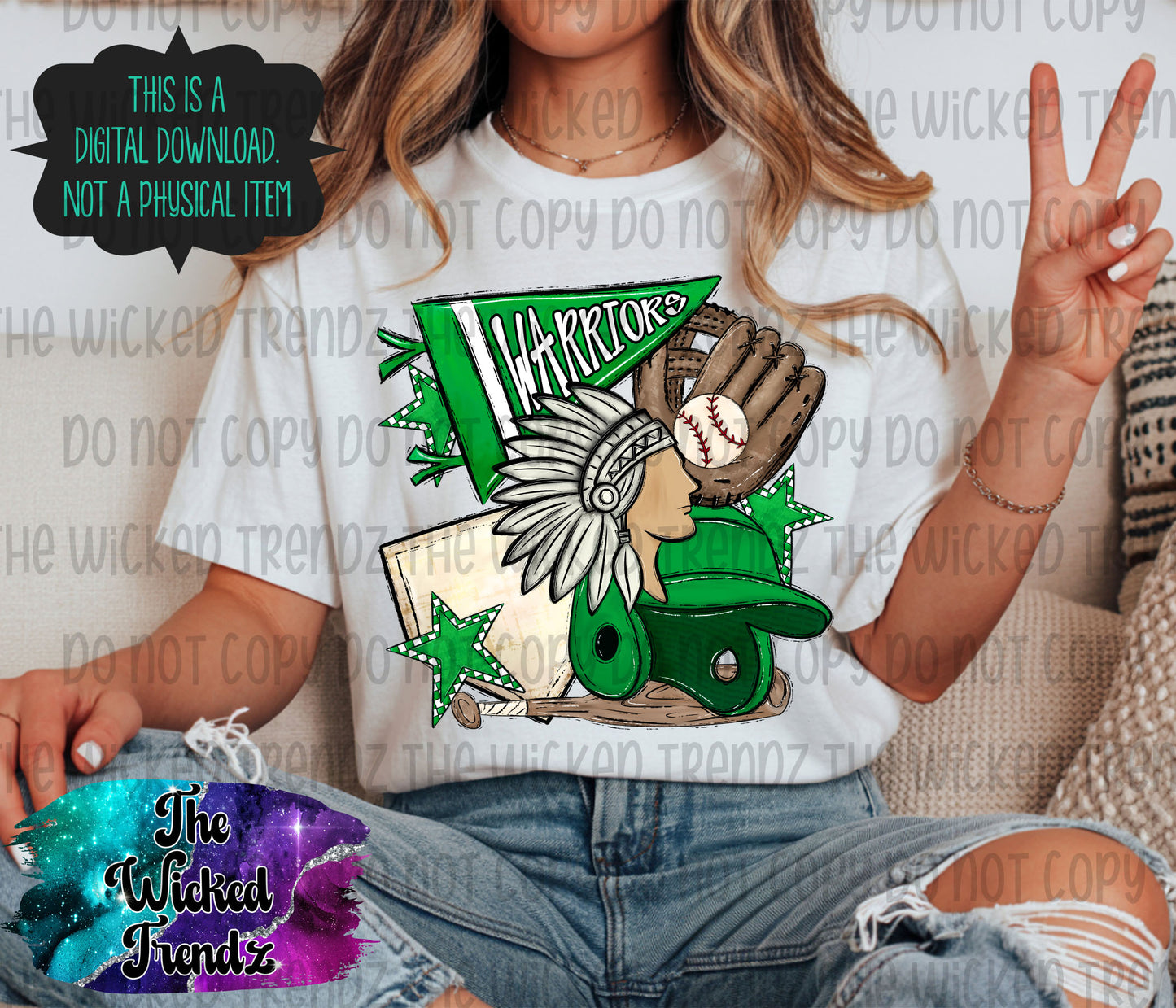 Warriors Green Baseball Team Mascot Digital Design