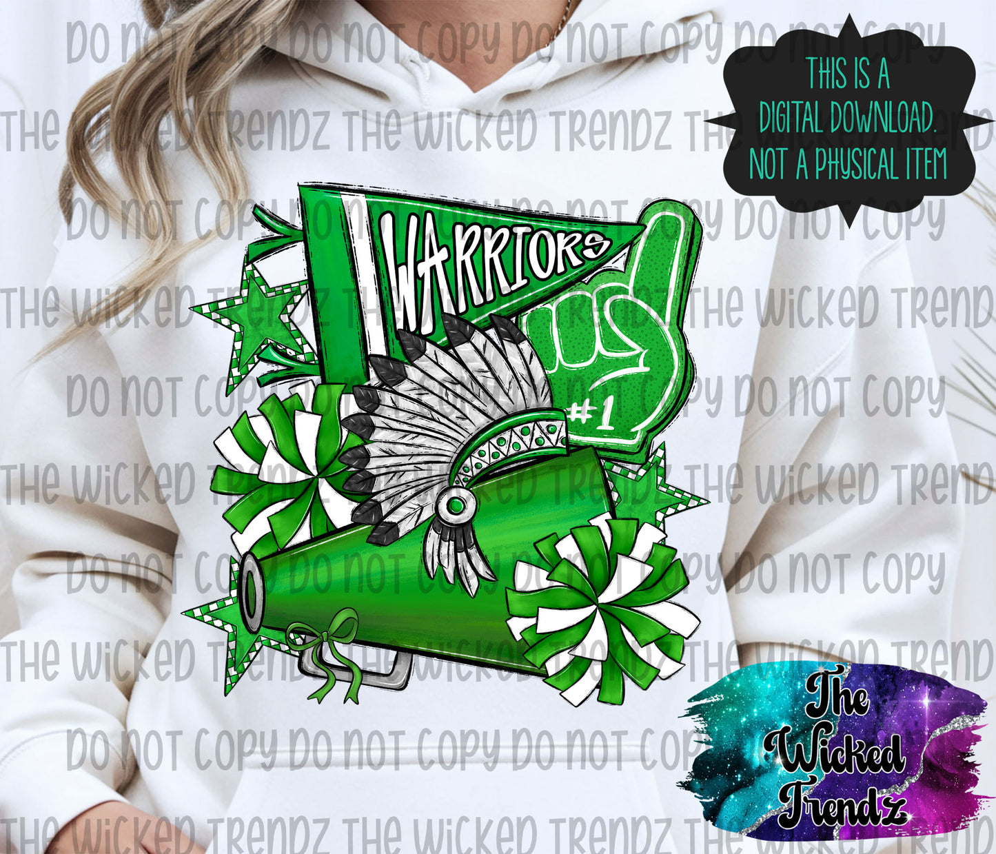 Warriors Green Cheer Cheerleading Cheerleader Mascot Digital Design Spirit Shirt Design