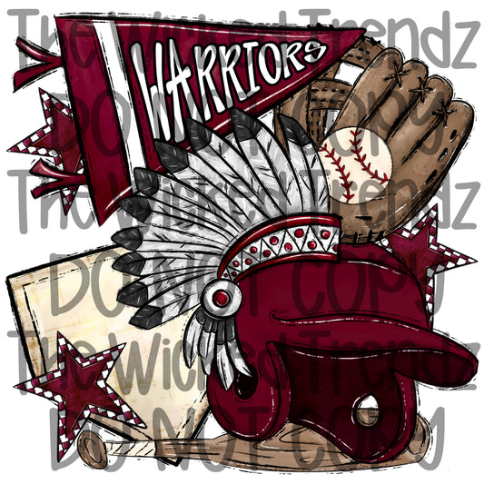 Warriors Maroon Baseball Team Mascot Digital Design