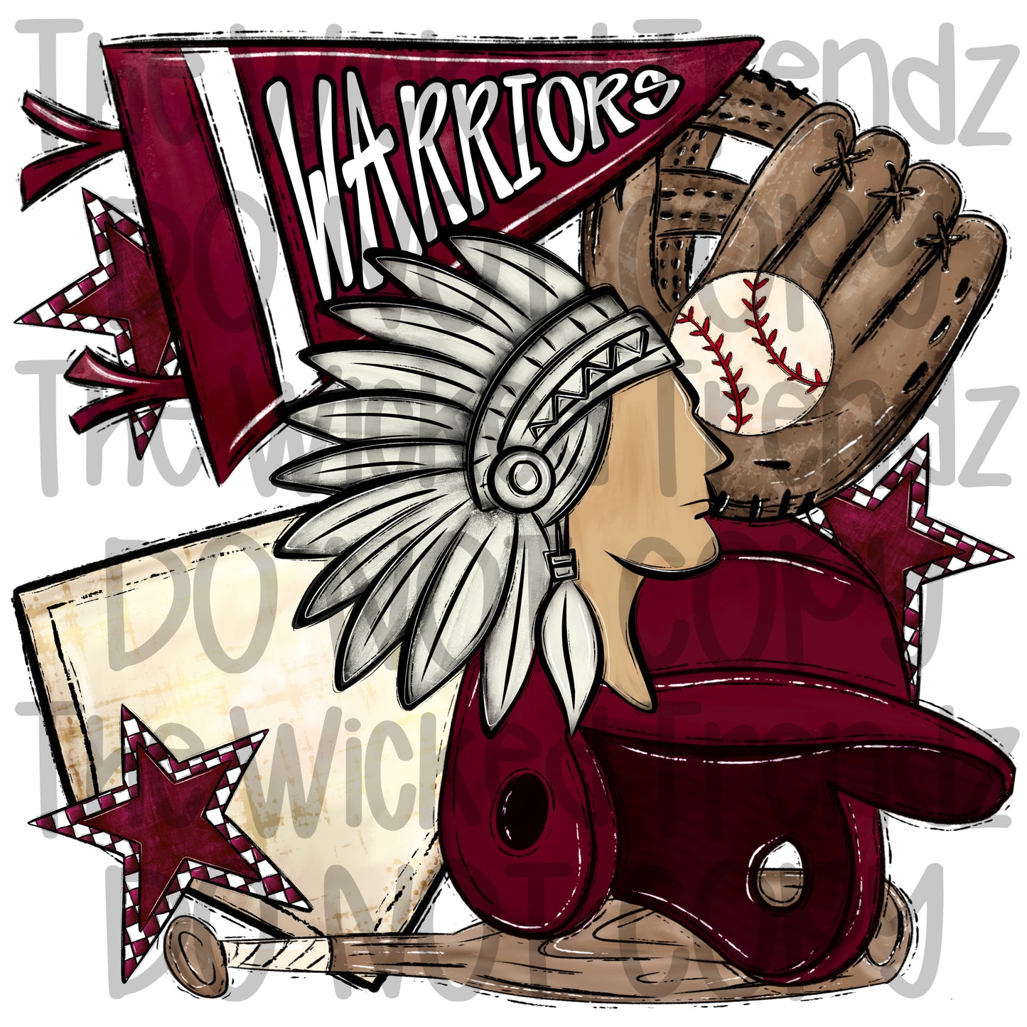 Warriors Maroon Baseball Team Mascot Digital Design