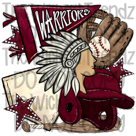 Warriors Maroon Baseball Team Mascot Digital Design