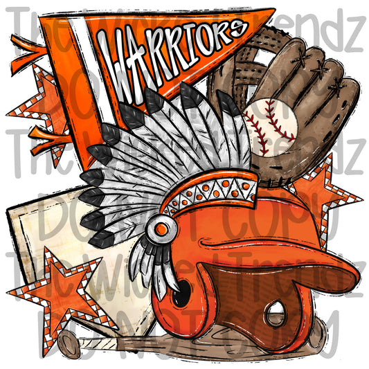 Warriors Orange Baseball Team Mascot Digital Design