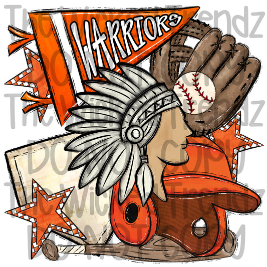 Warriors Orange Baseball Team Mascot Digital Design