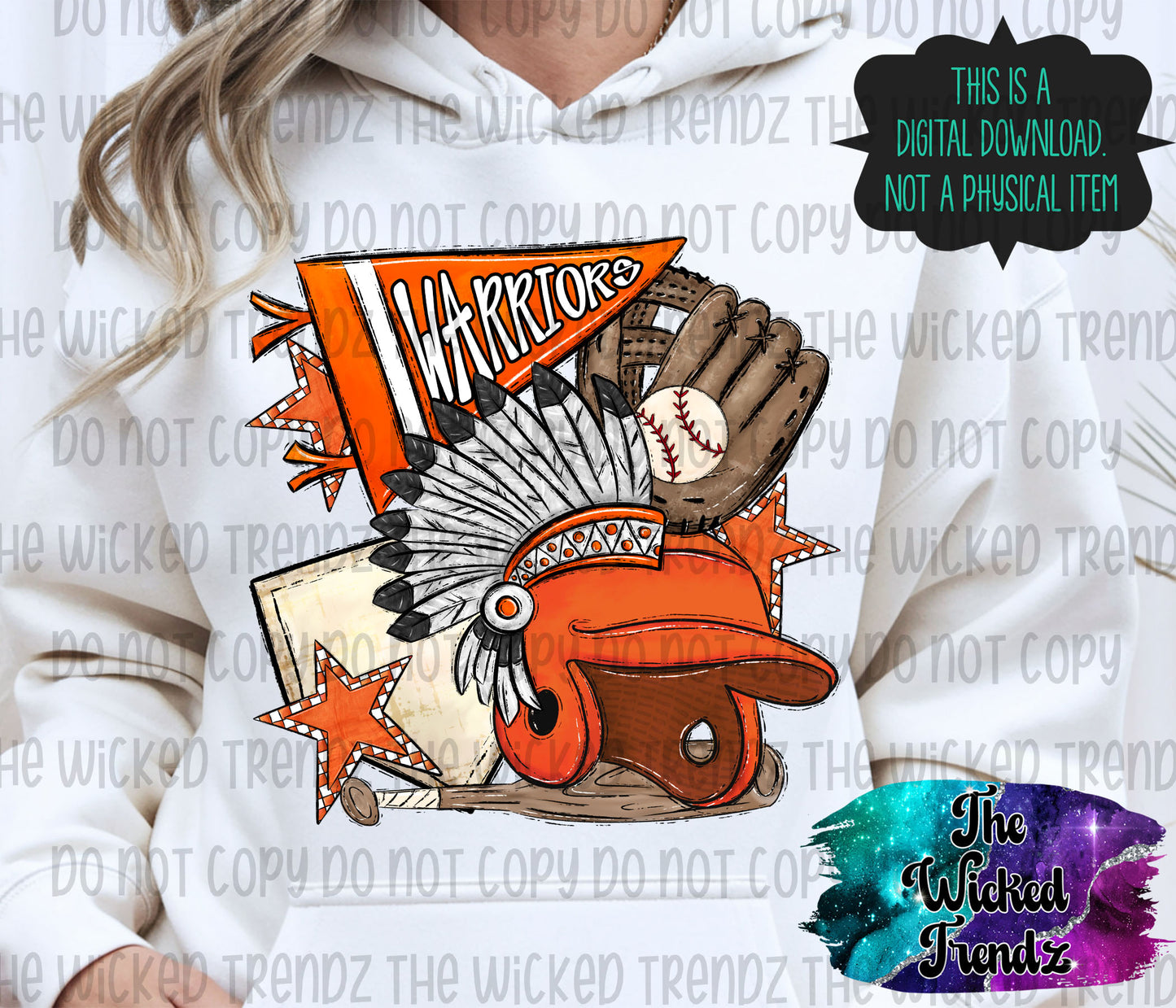 Warriors Orange Baseball Team Mascot Digital Design