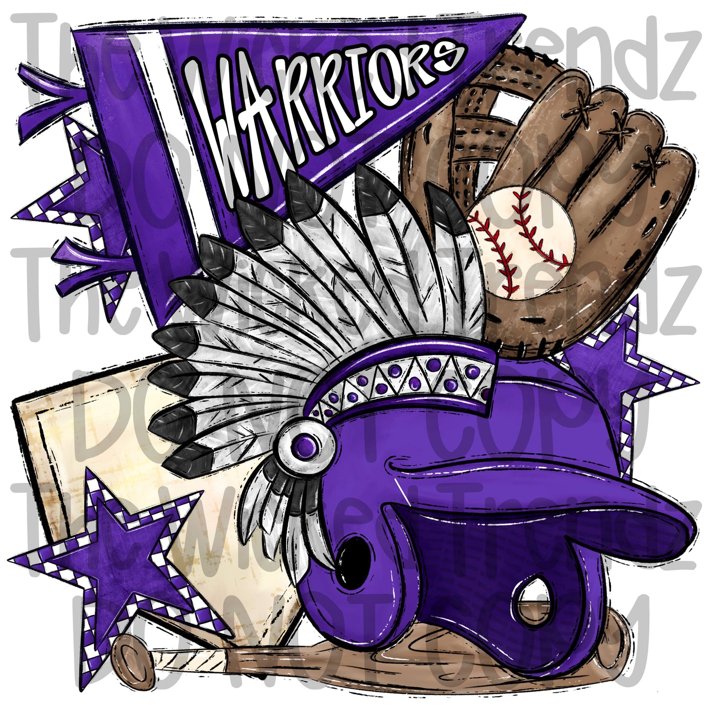 Warriors Purple Baseball Team Mascot Digital Design
