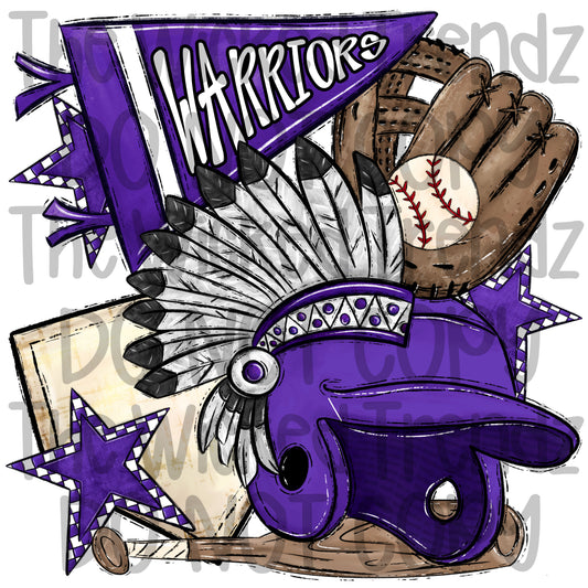 Warriors Purple Baseball Team Mascot Digital Design