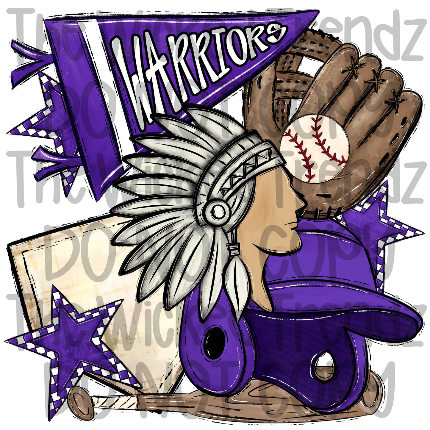 Warriors Purple Baseball Team Mascot Digital Design