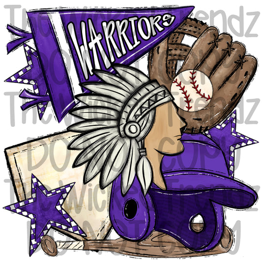 Warriors Purple Baseball Team Mascot Digital Design