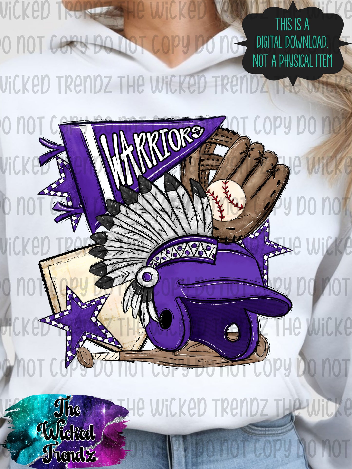 Warriors Purple Baseball Team Mascot Digital Design