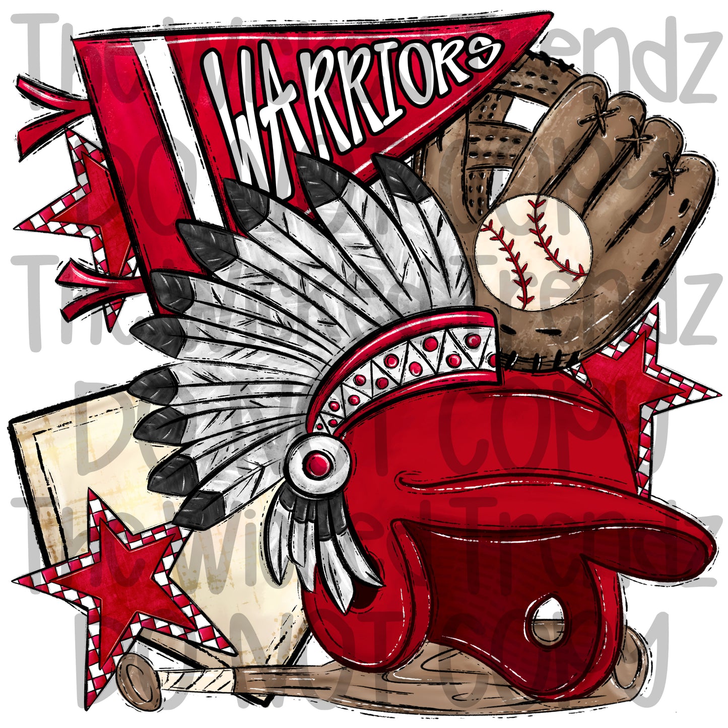 Warriors Red Baseball Team Mascot Digital Design