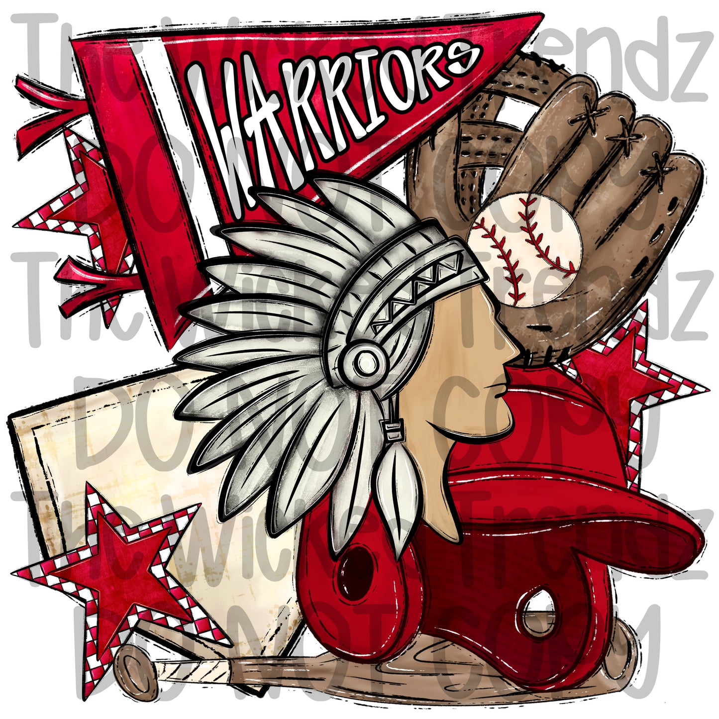 Warriors Red Baseball Team Mascot Digital Design
